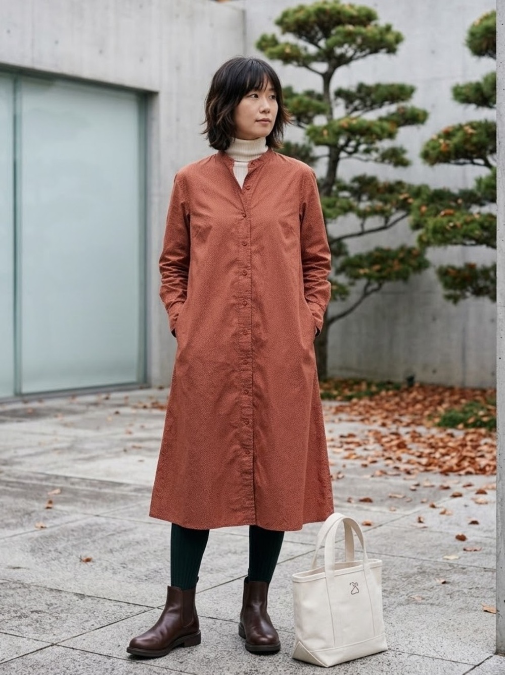 UNIQLO U Christophe Lemaire Cotton Shirt Dress Duster Rust Dot Japandi Scandi
